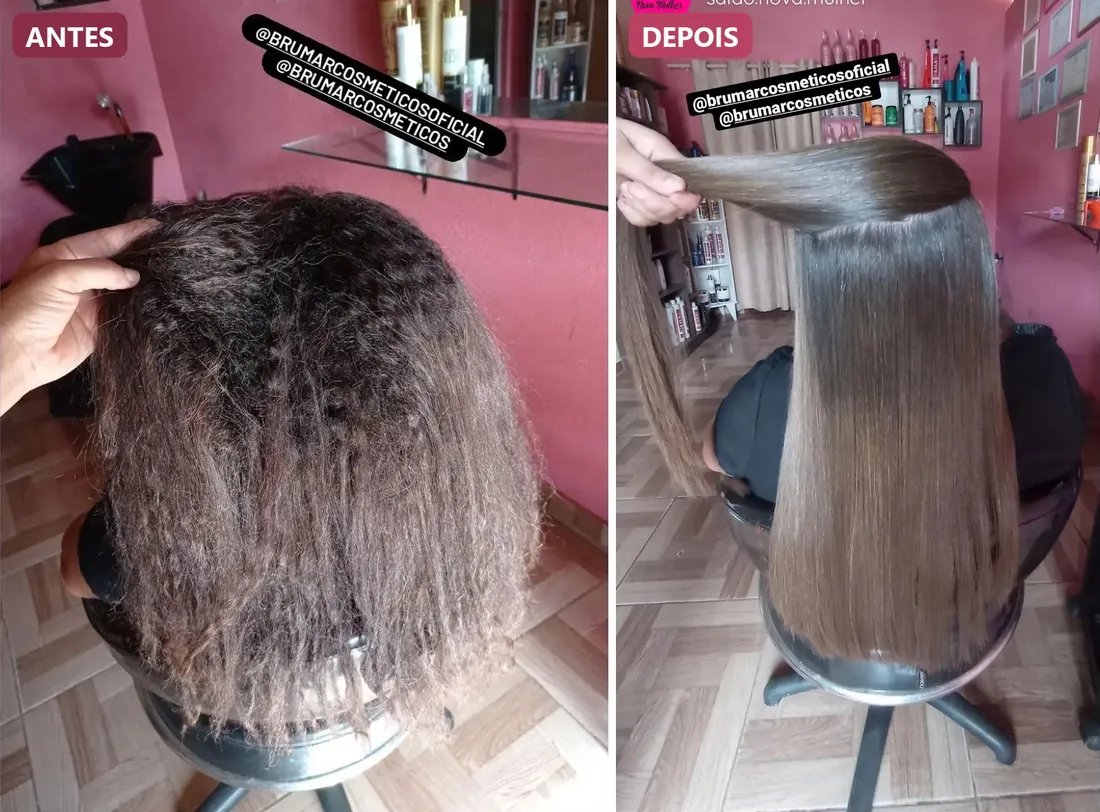 Antes e depois da mesma cliente com o Gloss Brumar